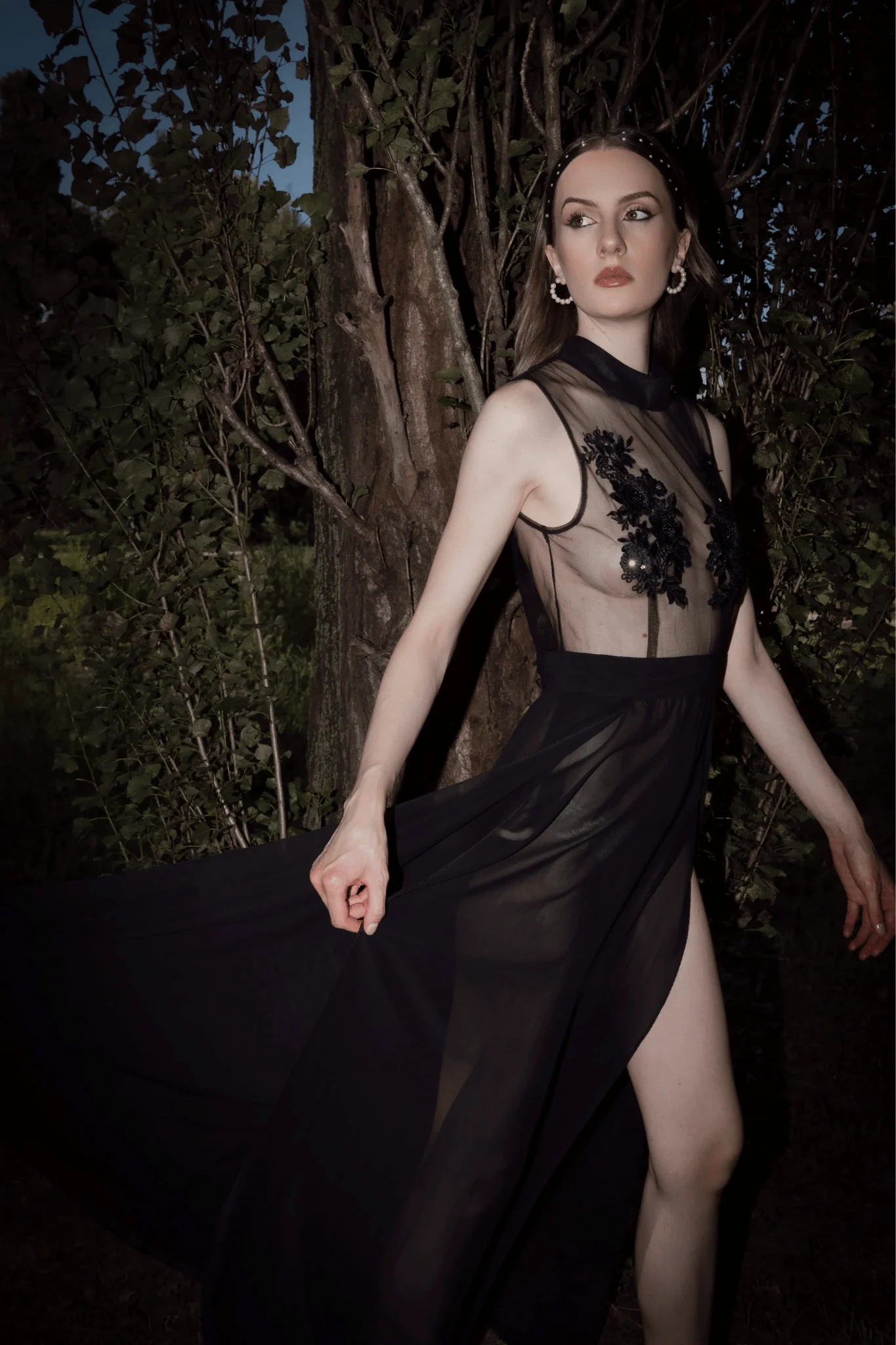 Midnight Elegance Sheer Mesh Night Gown with Floral Embroidery - Image 9