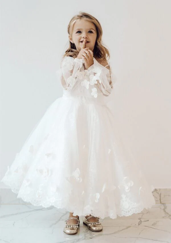 Milk Tulle Plus Size Toddler Girl’s Dress – Lily Princess Gown with 3D Butterflies and Glitter for Special Occasions