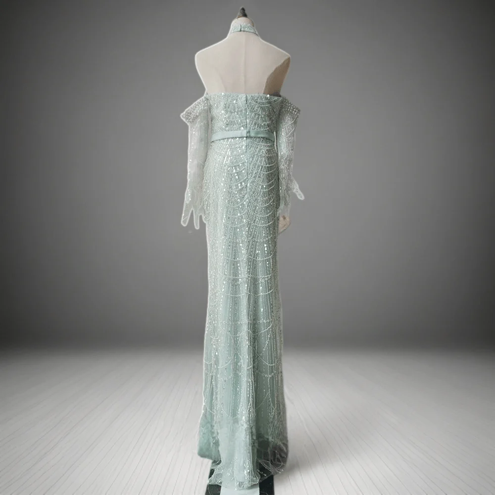 Mint Green Beaded Cold-Shoulder Dress - Pretty Sequin Dress- Elegant Halter Neck Sequin Evening Gown Plus Size - Image 2