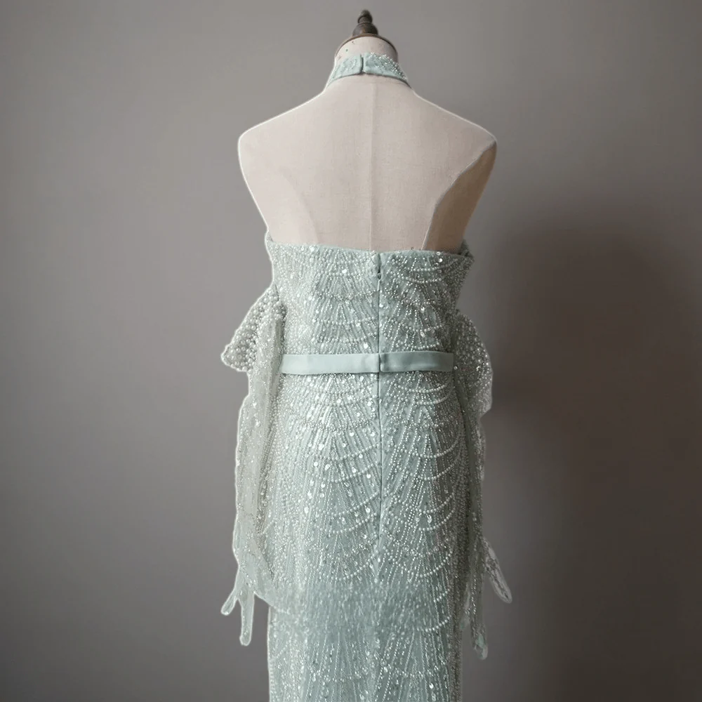 Mint Green Beaded Cold-Shoulder Dress - Pretty Sequin Dress- Elegant Halter Neck Sequin Evening Gown Plus Size - Image 4