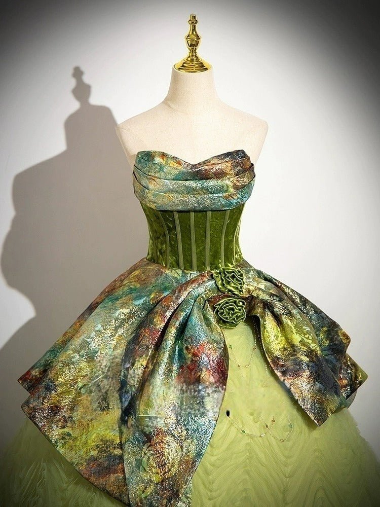 Mint Green Corset Evening Dress with Painterly Silk - Green Off-Shoulder Ball Gown Plus Size - Image 4