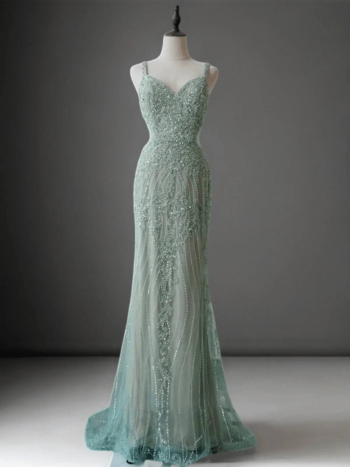Mint Green Pretty Sequin and Beaded Spaghetti Strap Dress - Elegant Sequin Evening Gown Plus Size