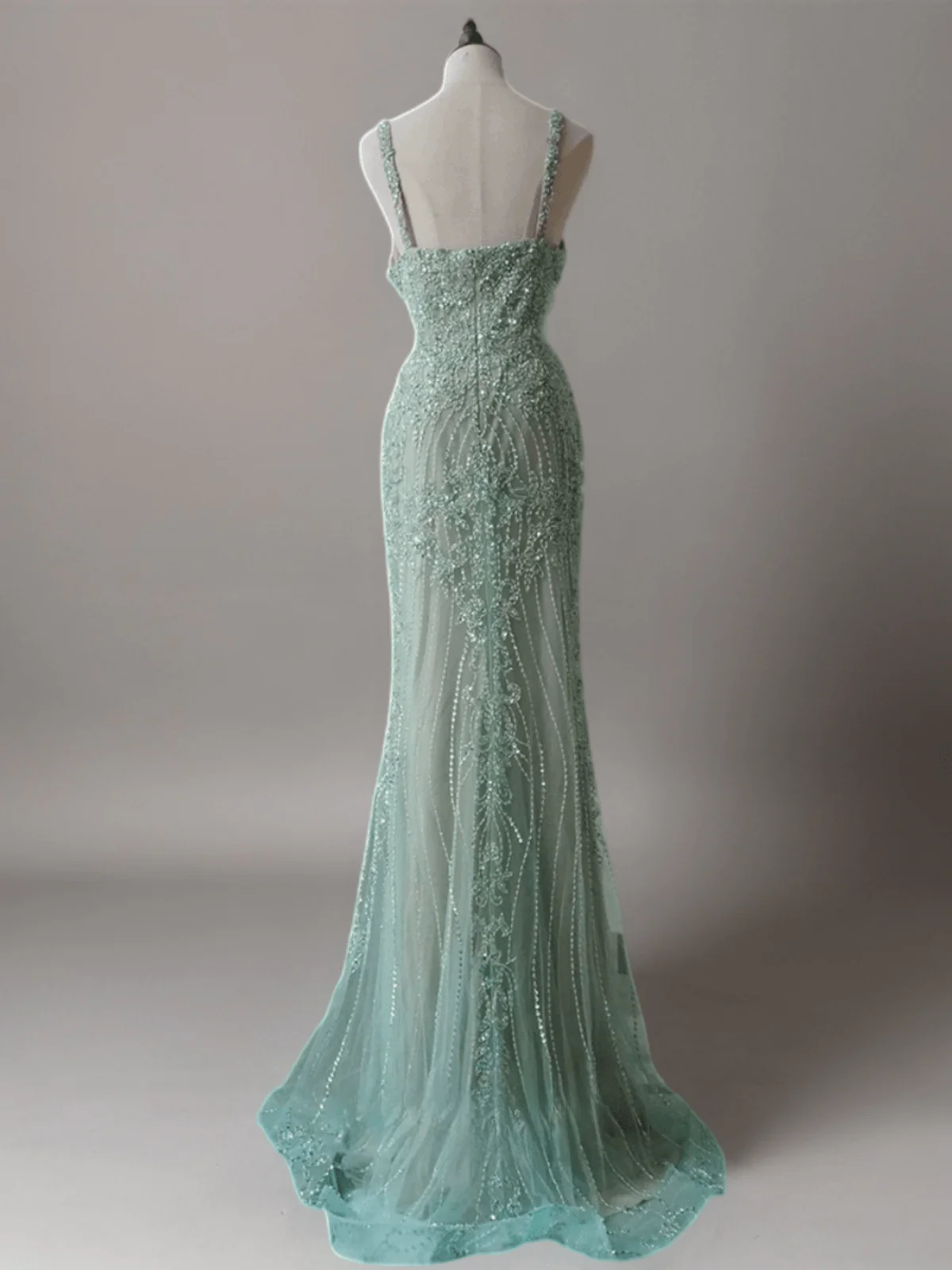 Mint Green Pretty Sequin and Beaded Spaghetti Strap Dress - Elegant Sequin Evening Gown Plus Size - Image 2