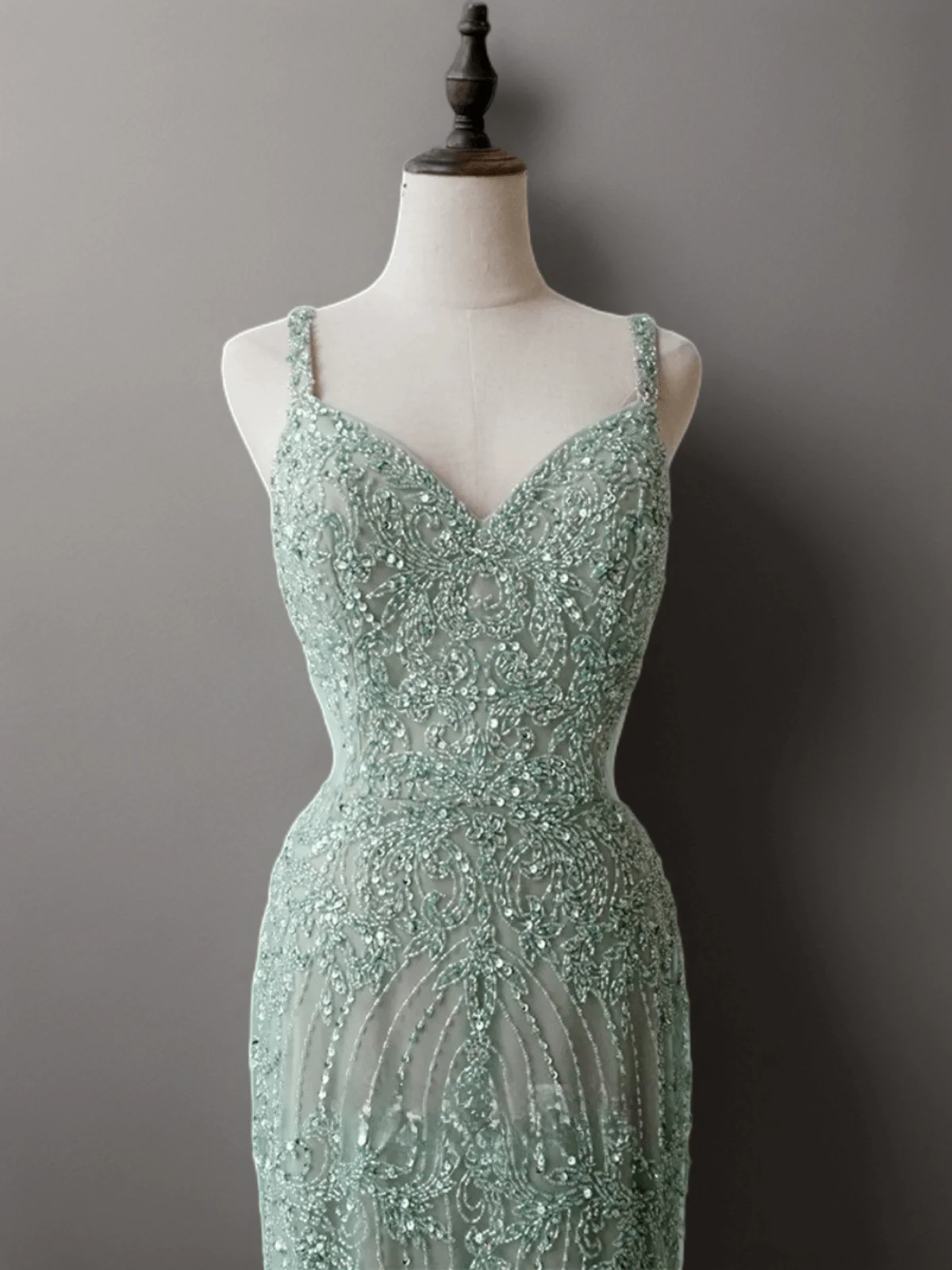 Mint Green Pretty Sequin and Beaded Spaghetti Strap Dress - Elegant Sequin Evening Gown Plus Size - Image 3