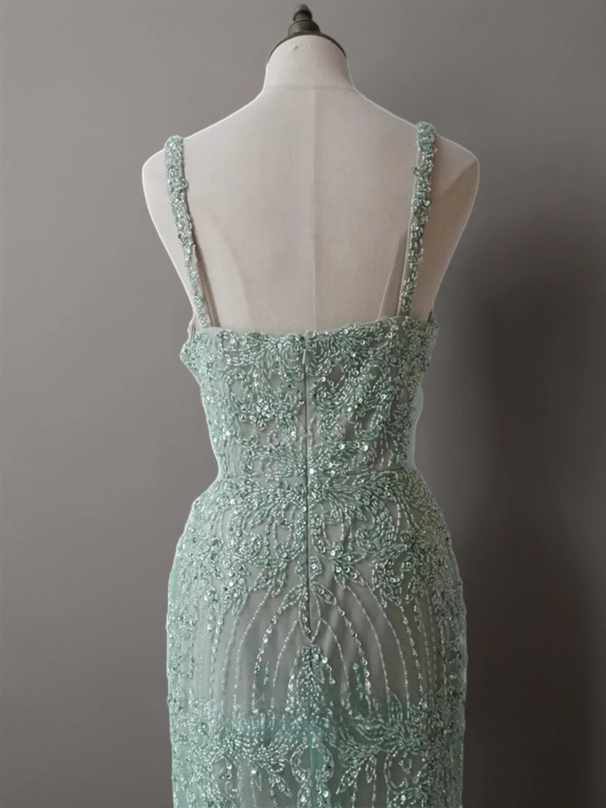 Mint Green Pretty Sequin and Beaded Spaghetti Strap Dress - Elegant Sequin Evening Gown Plus Size - Image 4