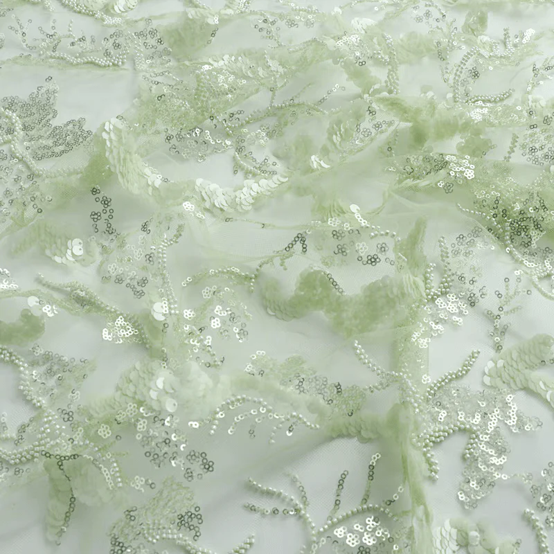 Mint Green Sequin Embroidered Tulle Fabric