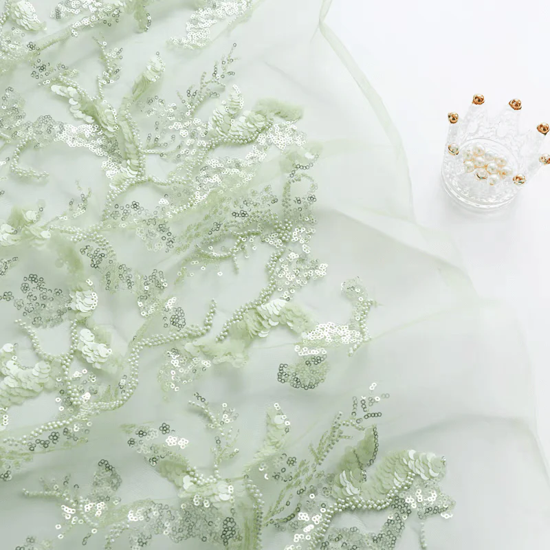 Mint Green Sequin Embroidered Tulle Fabric - Image 3