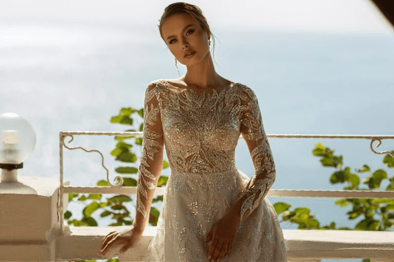 Modern Long Sleeve Wedding Dress - Pretty Sequin Dress - Fitted Lace Wedding Dress with Sleeves Plus Size - Image 3