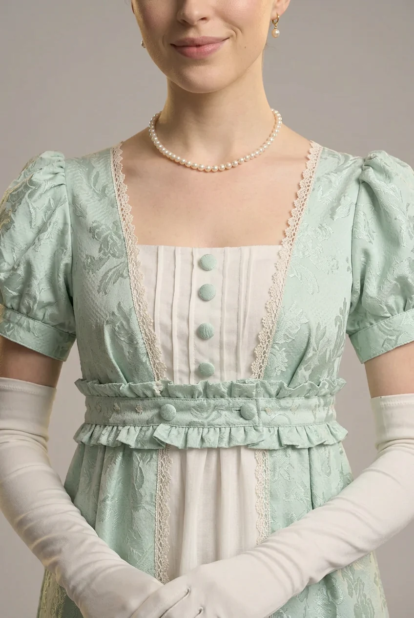 Modest Green Cotton Regency Dress - Jane Austin Regency Era Ball Gown  - Plus Size - Image 4