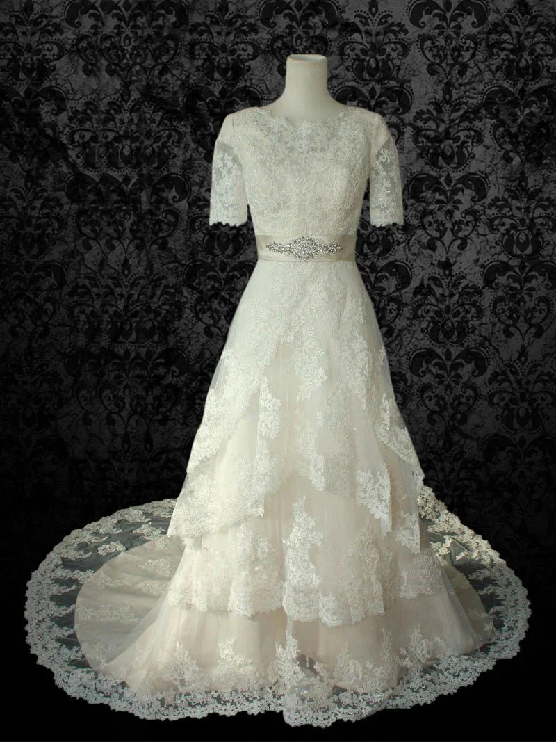 Vintage Inspired Modest Lace Wedding Dress with Short Sleeves With Embellished Belt - Vintage Victorian Lace - Plus Size - Image 3