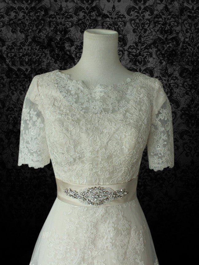 Vintage Inspired Modest Lace Wedding Dress with Short Sleeves With Embellished Belt - Vintage Victorian Lace - Plus Size - Image 4
