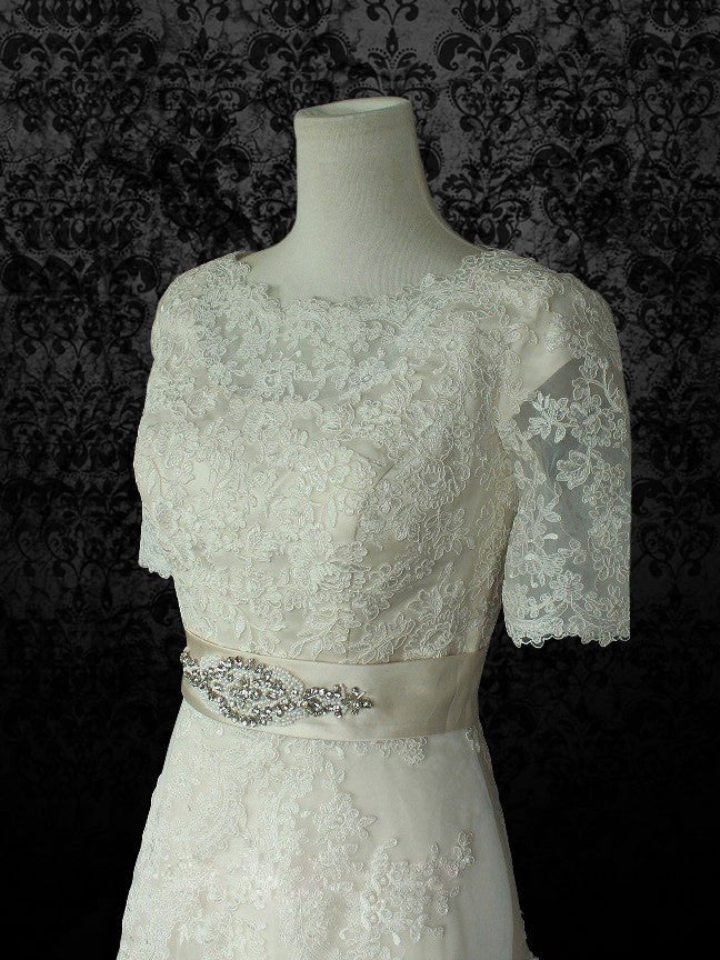 Vintage Inspired Modest Lace Wedding Dress with Short Sleeves With Embellished Belt - Vintage Victorian Lace - Plus Size - Image 5