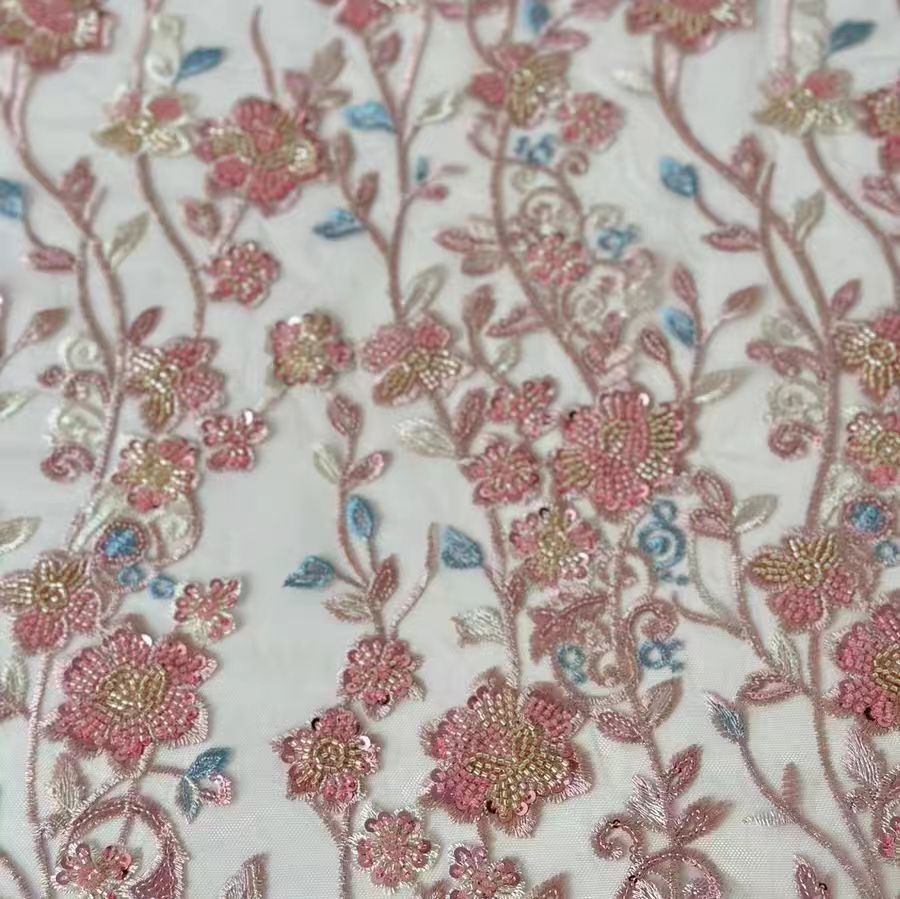 Multicolor Floral Embroidered Lace Fabric