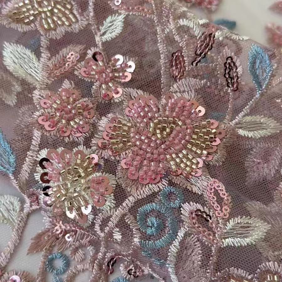 Multicolor Floral Embroidered Lace Fabric - Image 2