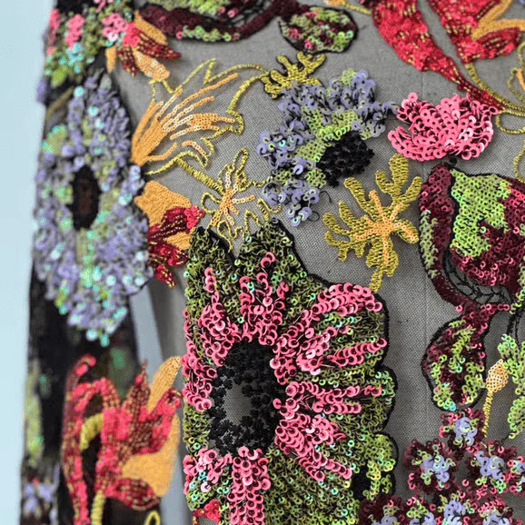 Multicolored Sequin Embroidered Floral Tulle Lace Fabric - Image 2