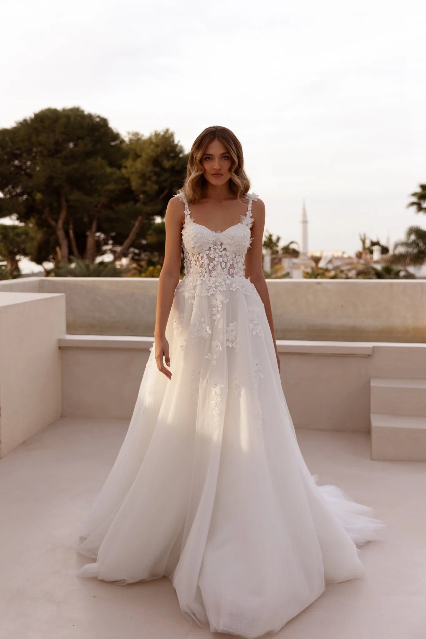 White Floral Lace A-Line Wedding Dress with Sheer Bodice and Floor-Length Train - Plus Size-Nadine