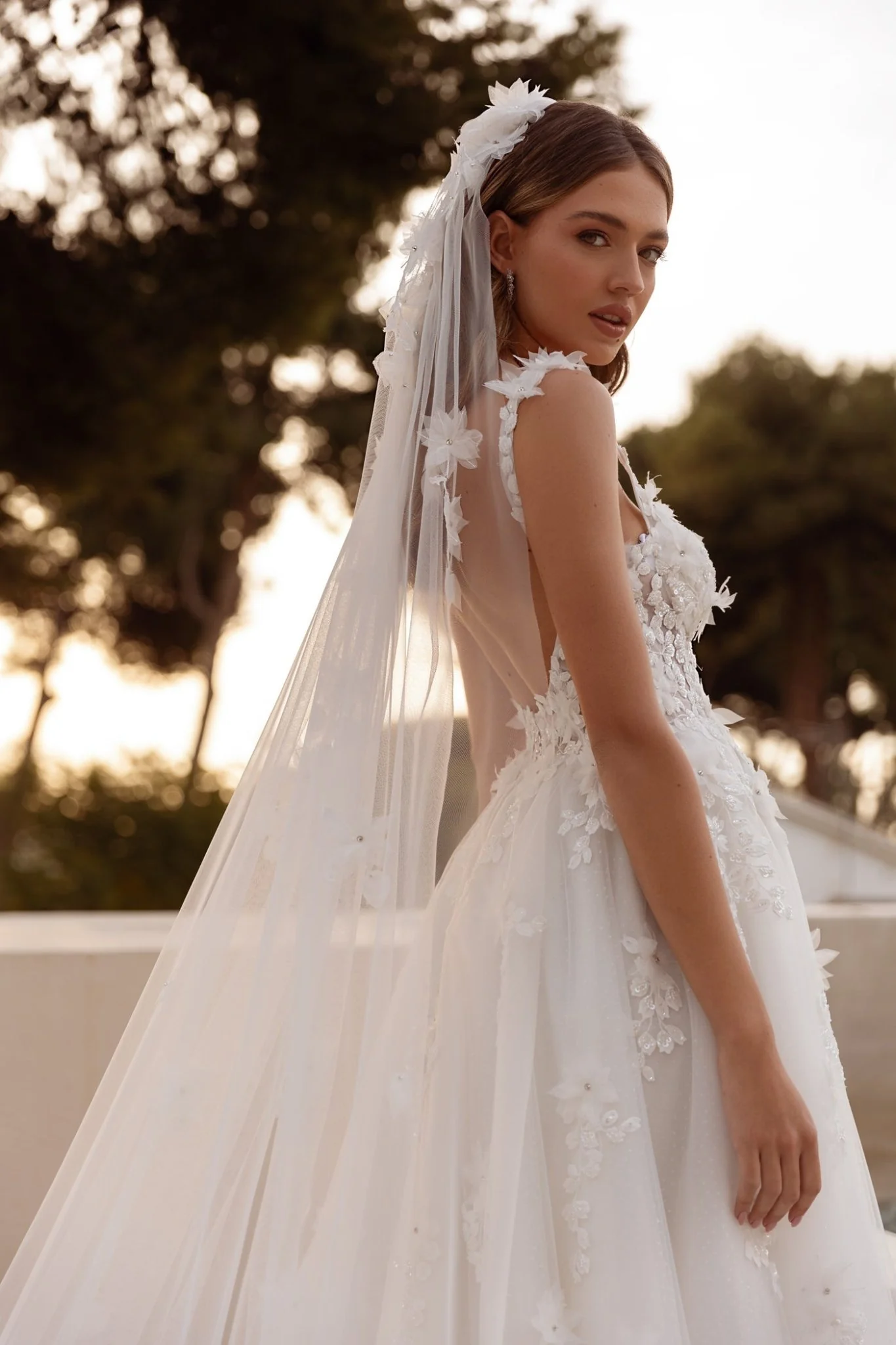 White Floral Lace A-Line Wedding Dress with Sheer Bodice and Floor-Length Train - Plus Size-Nadine - Image 3