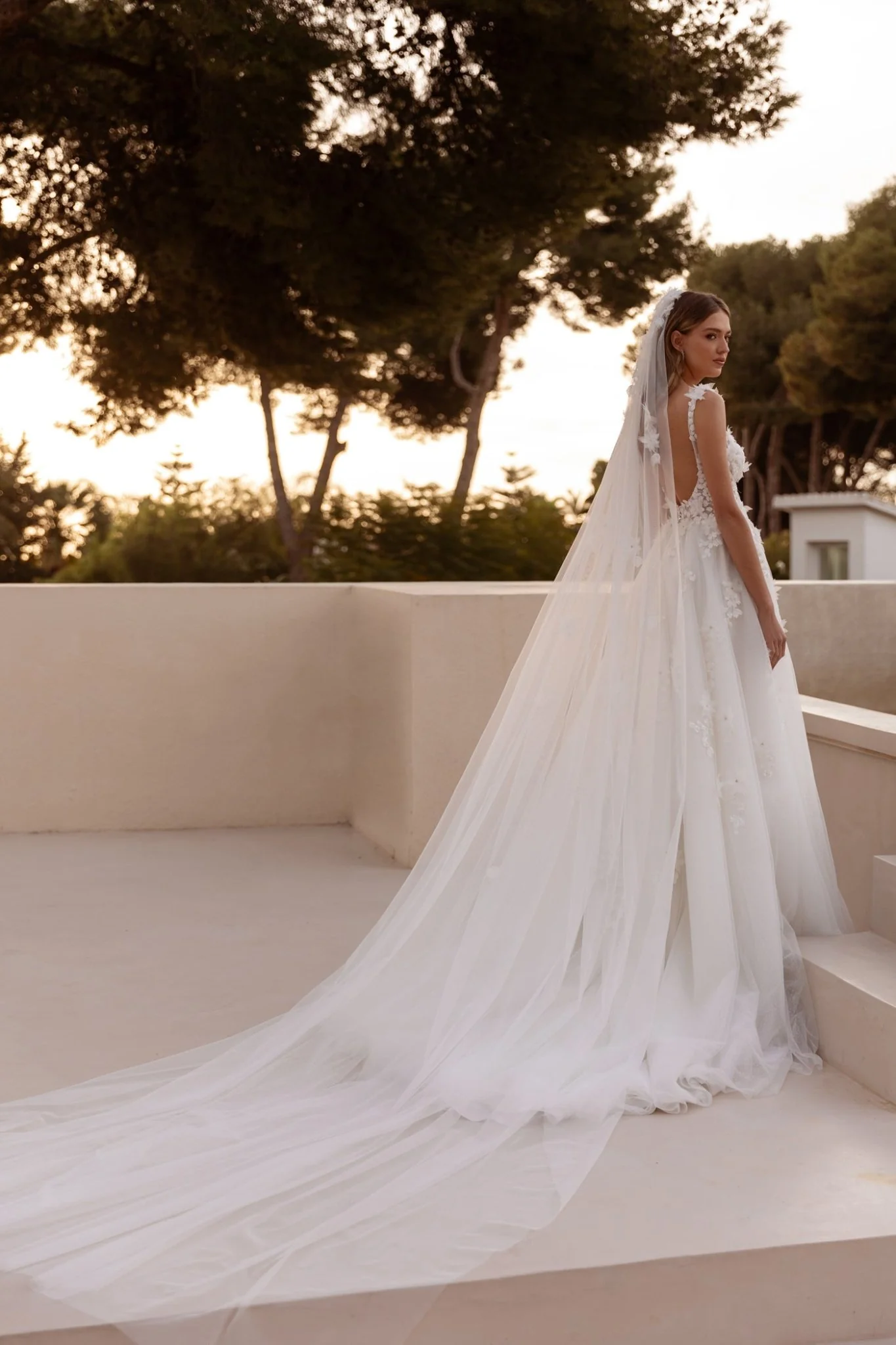 White Floral Lace A-Line Wedding Dress with Sheer Bodice and Floor-Length Train - Plus Size-Nadine - Image 5