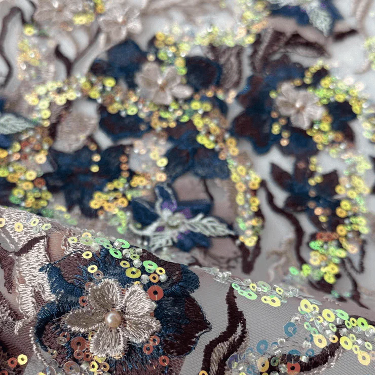 Navy 3D Floral Beaded and Sequin Embroidered Lace Fabric