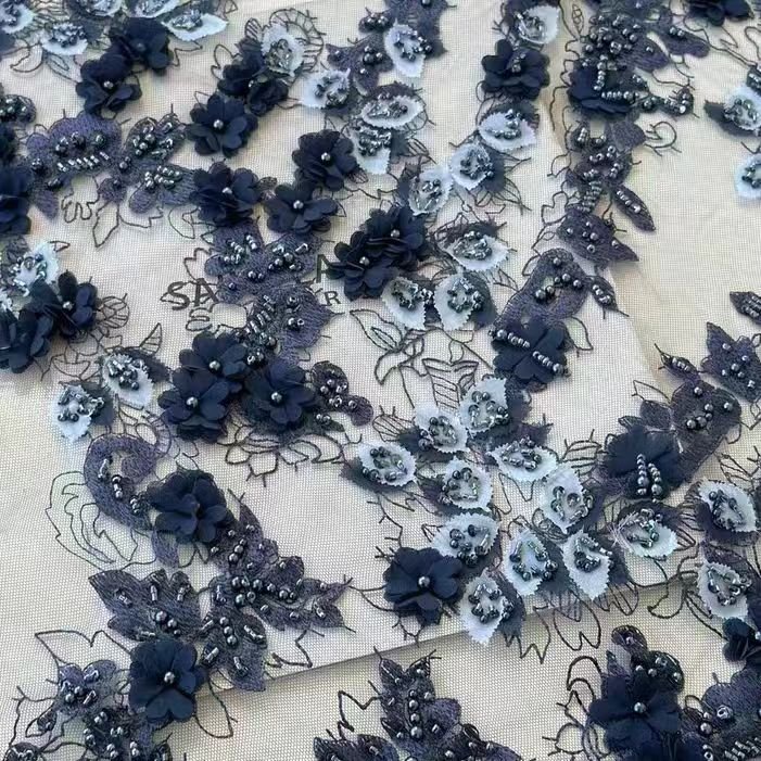 Navy 3D Floral Lace Fabric