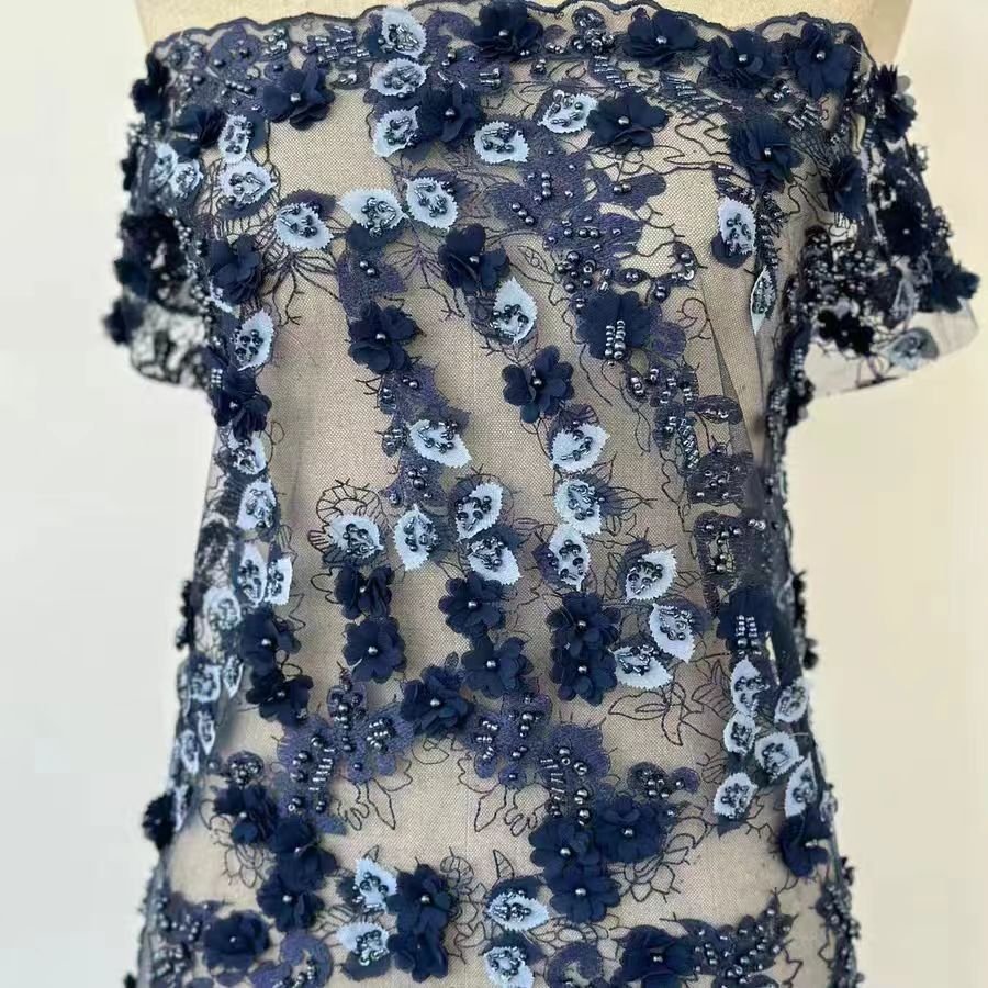 Navy 3D Floral Lace Fabric - Image 2