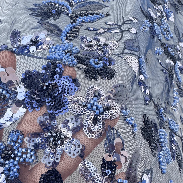 Navy Blue and Lilac Sequin Floral Embroidered Lace Fabric - Image 2