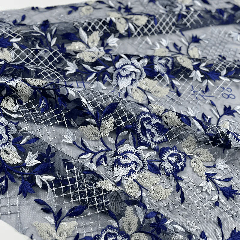 Navy Floral Embroidered Tulle with Sequins Fabric - Image 3