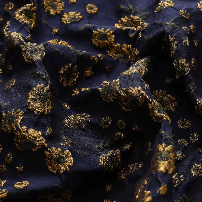 Navy Floral Jacquard Fabric with Metallic Embroidery - Image 2