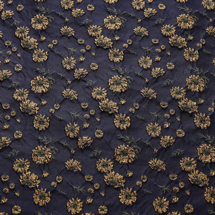 Navy Floral Jacquard Fabric with Metallic Embroidery - Image 3