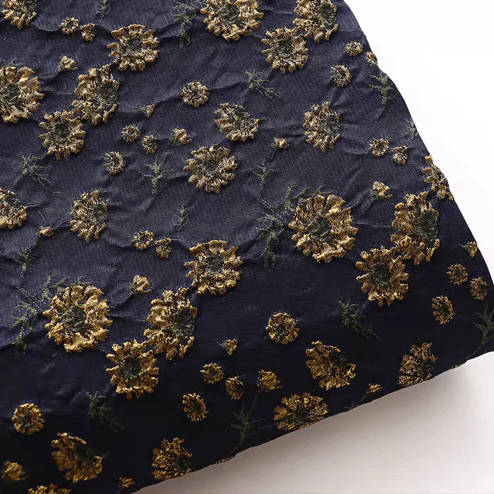 Navy Floral Jacquard Fabric with Metallic Embroidery - Image 4