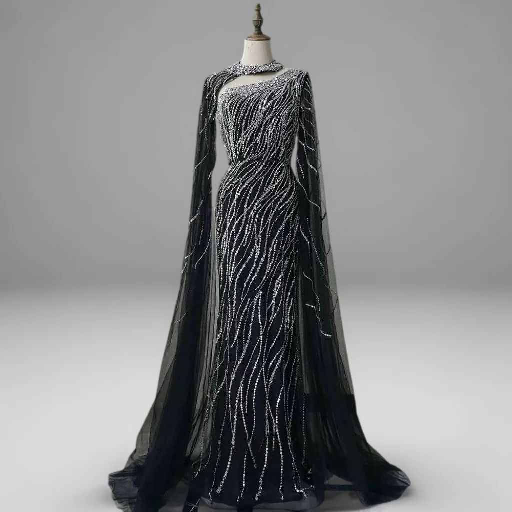 Navy One-Shoulder Sequin Evening Gown with Tulle Cape – Sparkly Maxi Dress with High Neck and Train Plus Size - Image 4