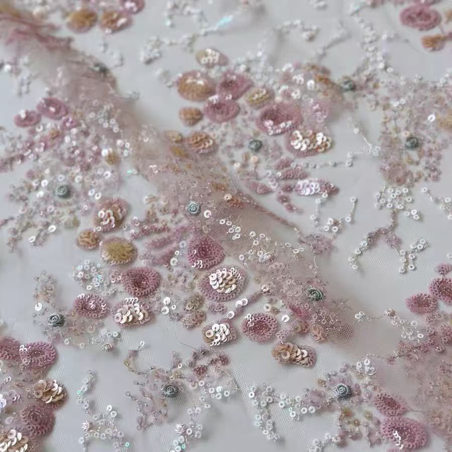 New Pink Sequined Embroidered Mesh Lace Fabric