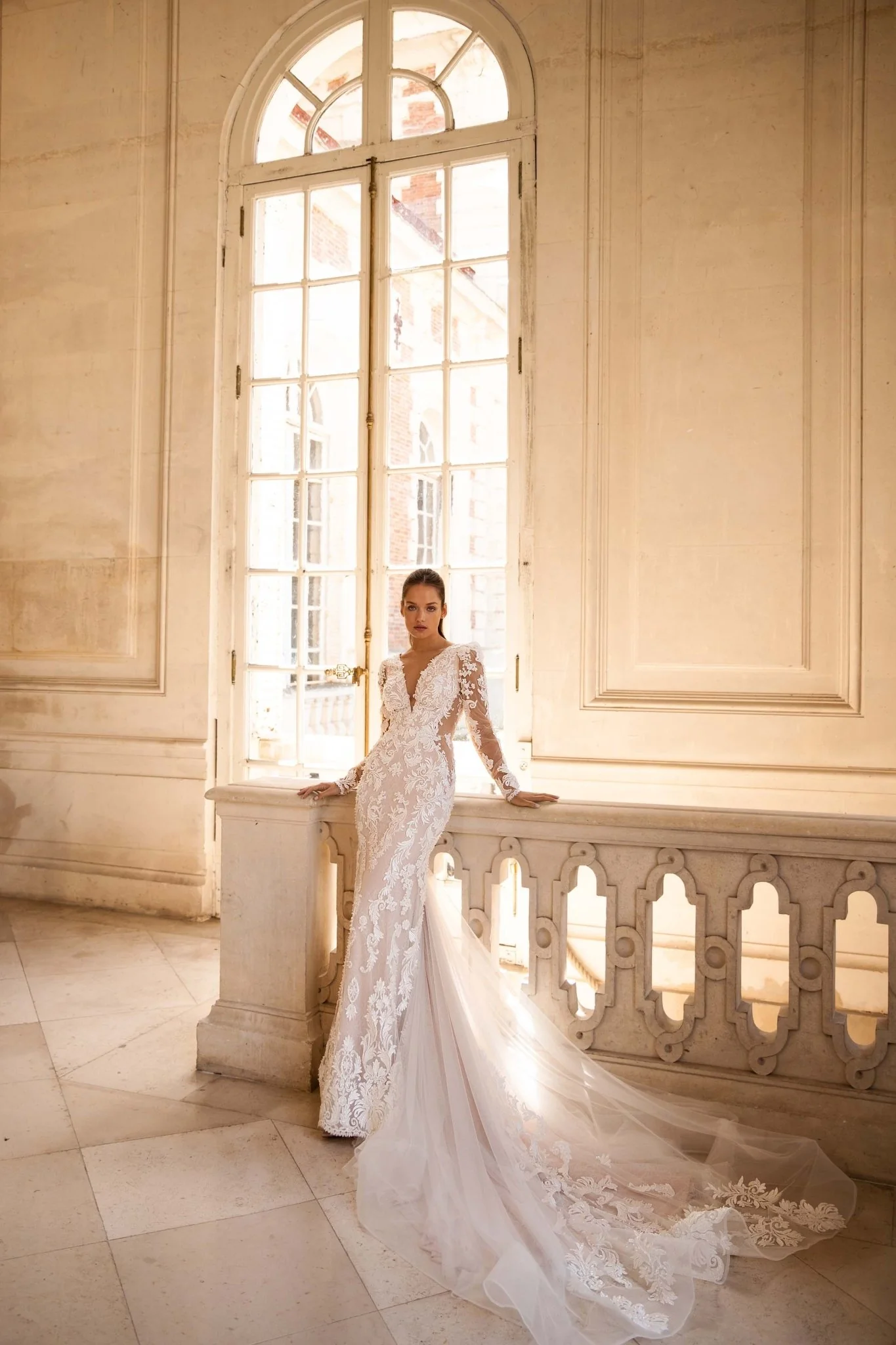 Nude Long Sleeve Lace Wedding Dress with Deep V-Neckline and Train Plus Size - Image 3