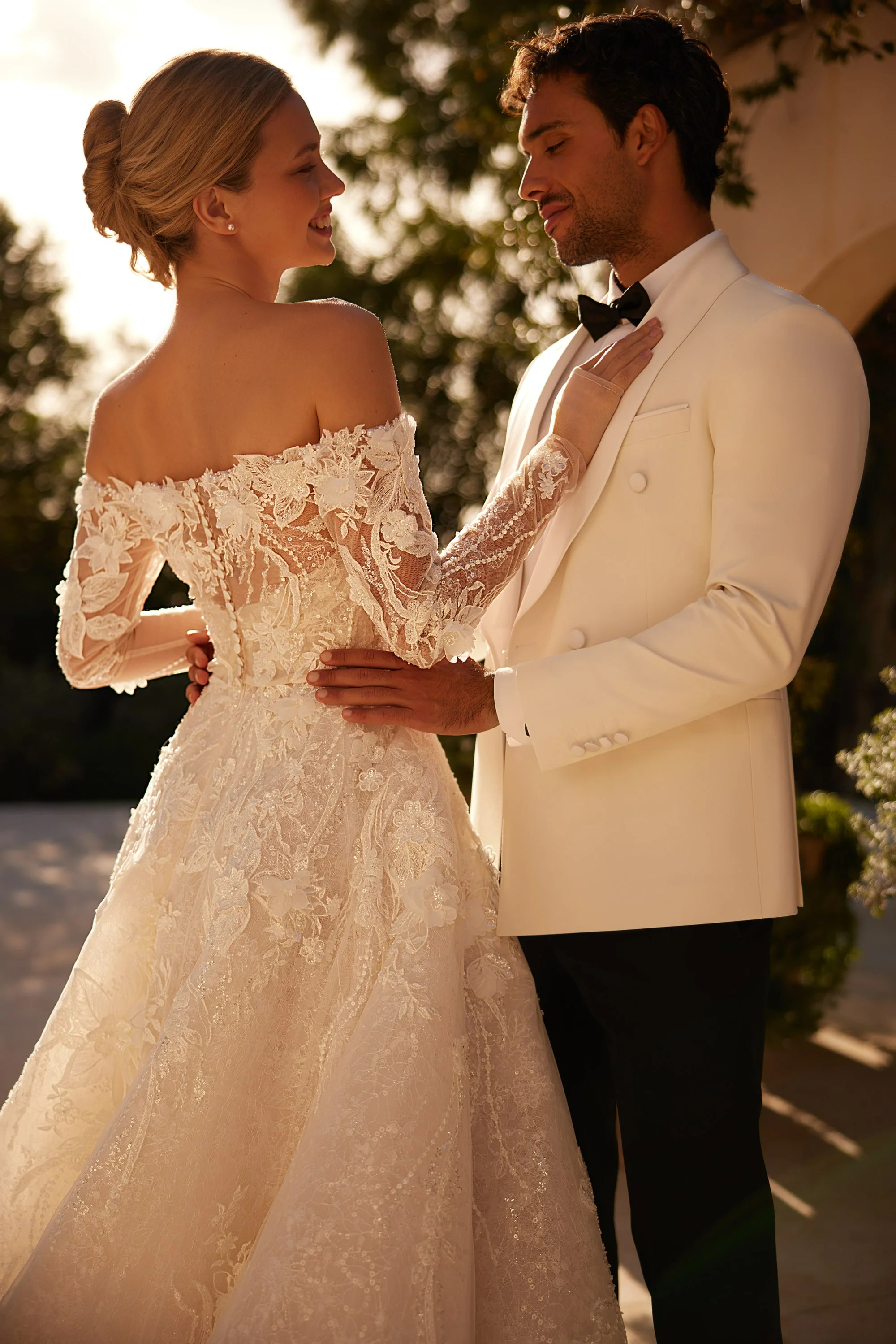 Nude Off Shoulder Wedding Dress with Long Sleeves – Embellished Wedding Dress with Lace Bodice Plus Size - Image 5