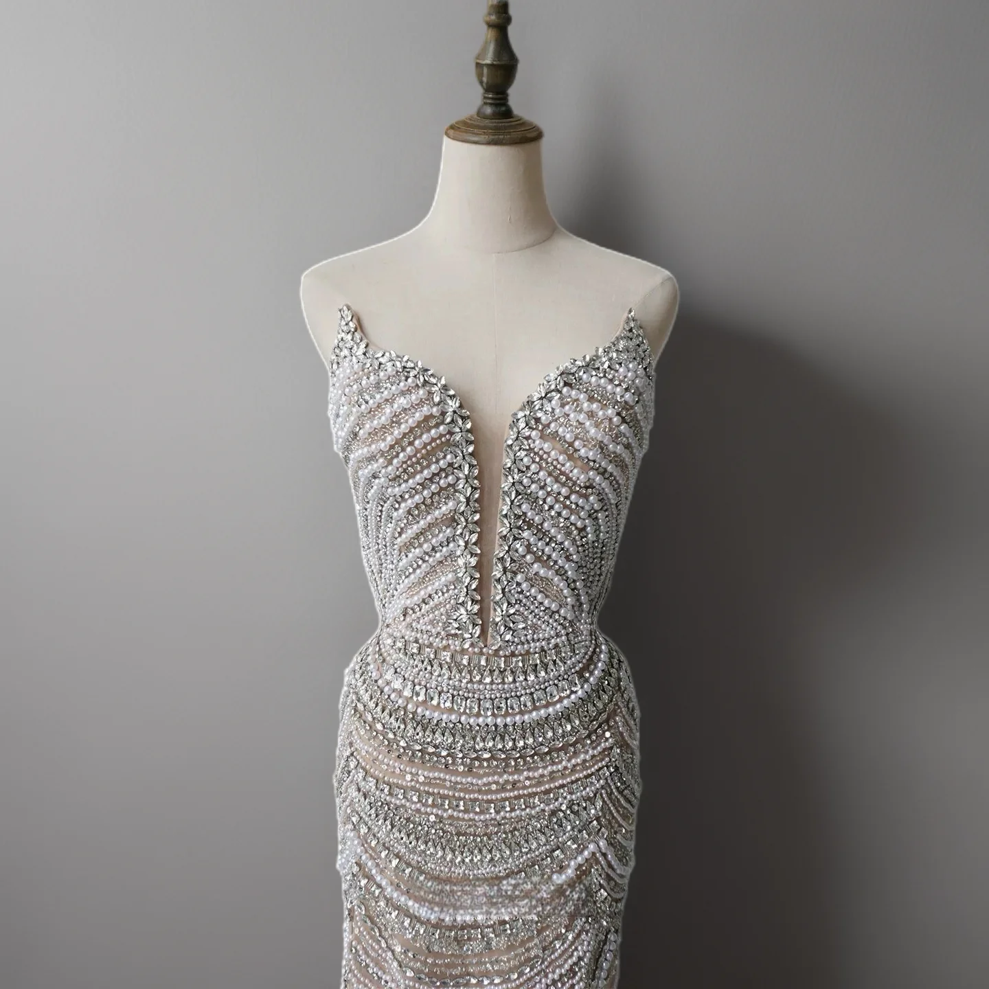 Nude Sequin Embellished Gown - Mermaid Evening Dress with Plunging Neckline – Designer Sequin Gown Plus Size - Image 3