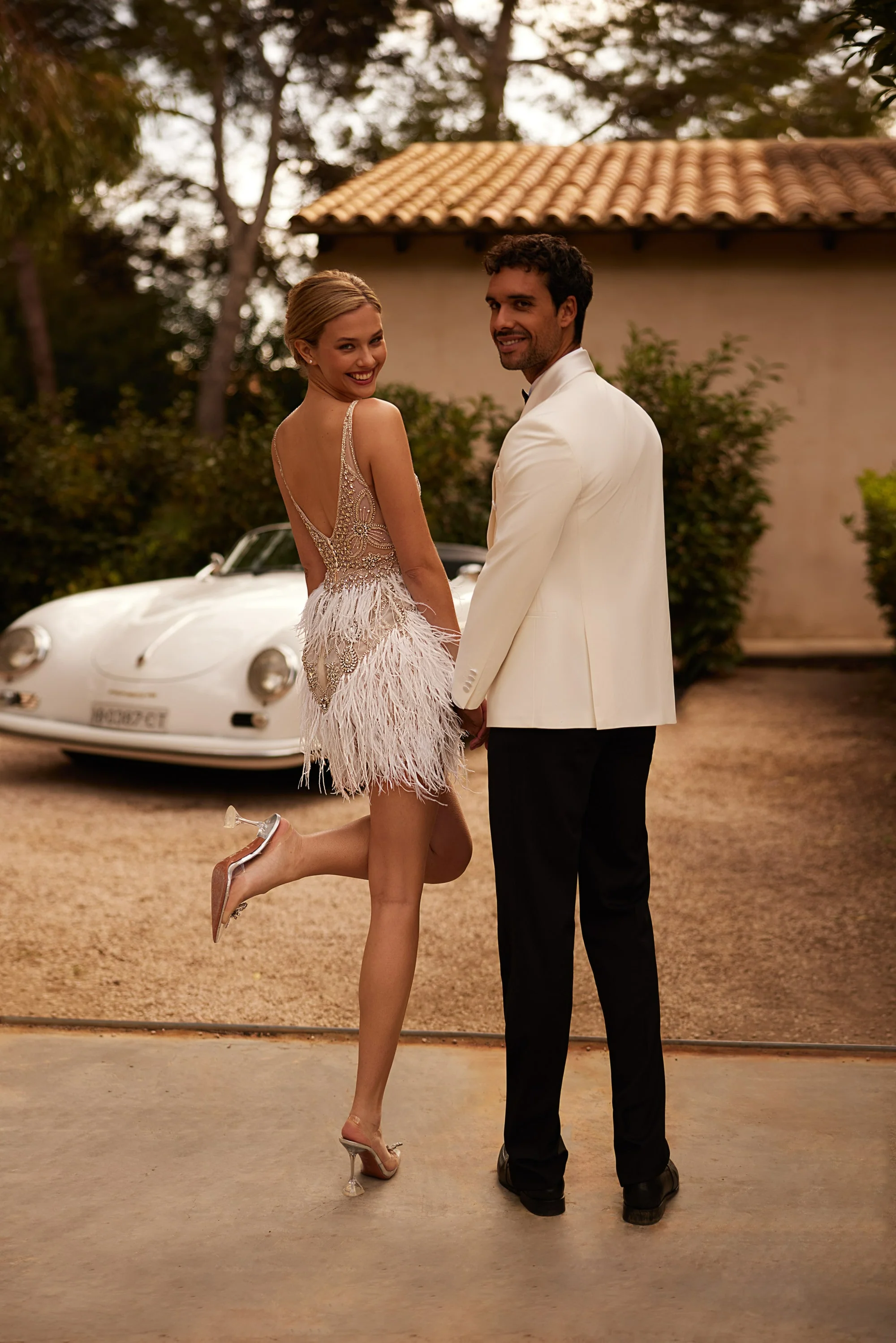Nude Short Length Wedding Dresses with Crystal Beading and Feather Fringe Plus Size - Image 2