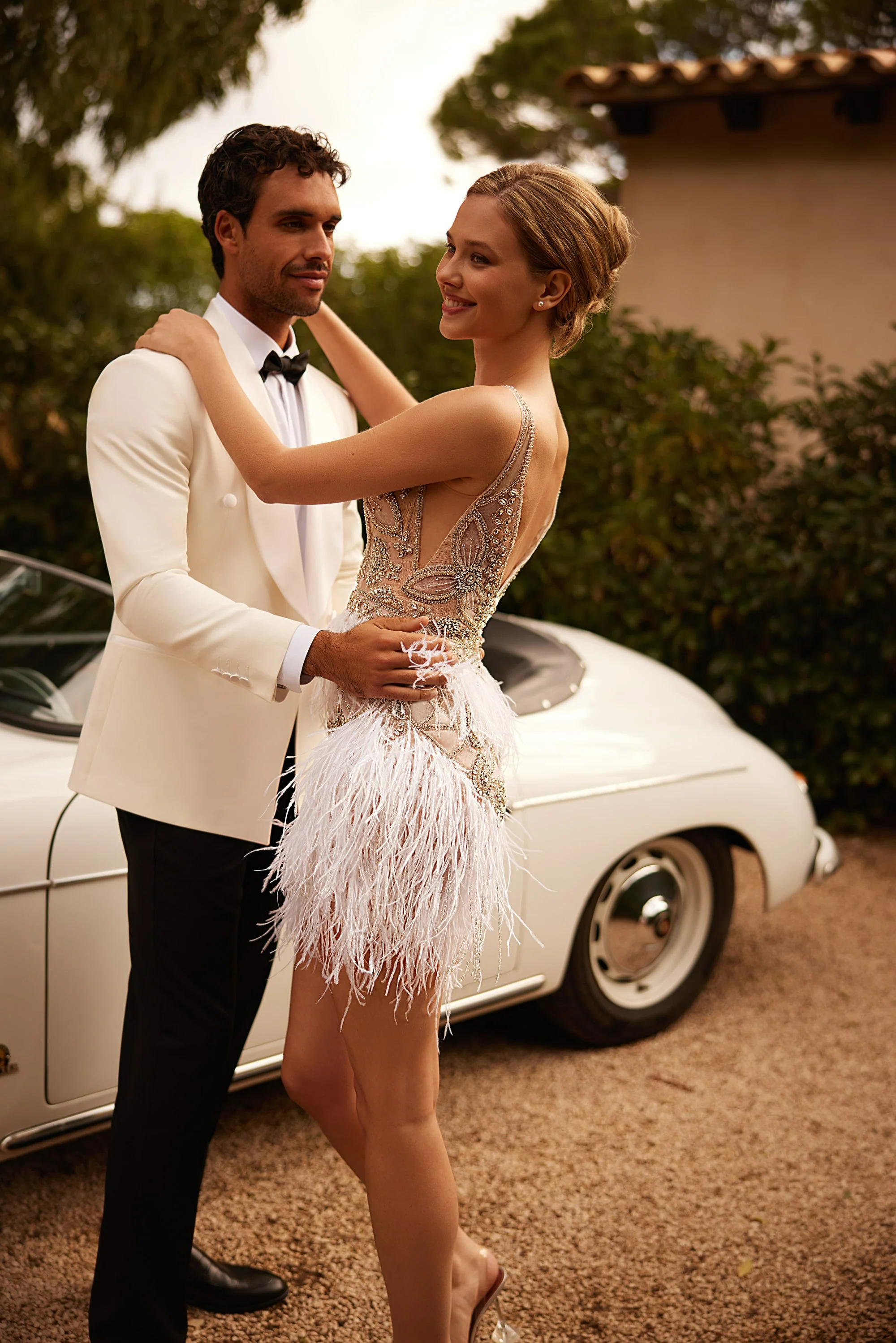 Nude Short Length Wedding Dresses with Crystal Beading and Feather Fringe Plus Size - Image 5