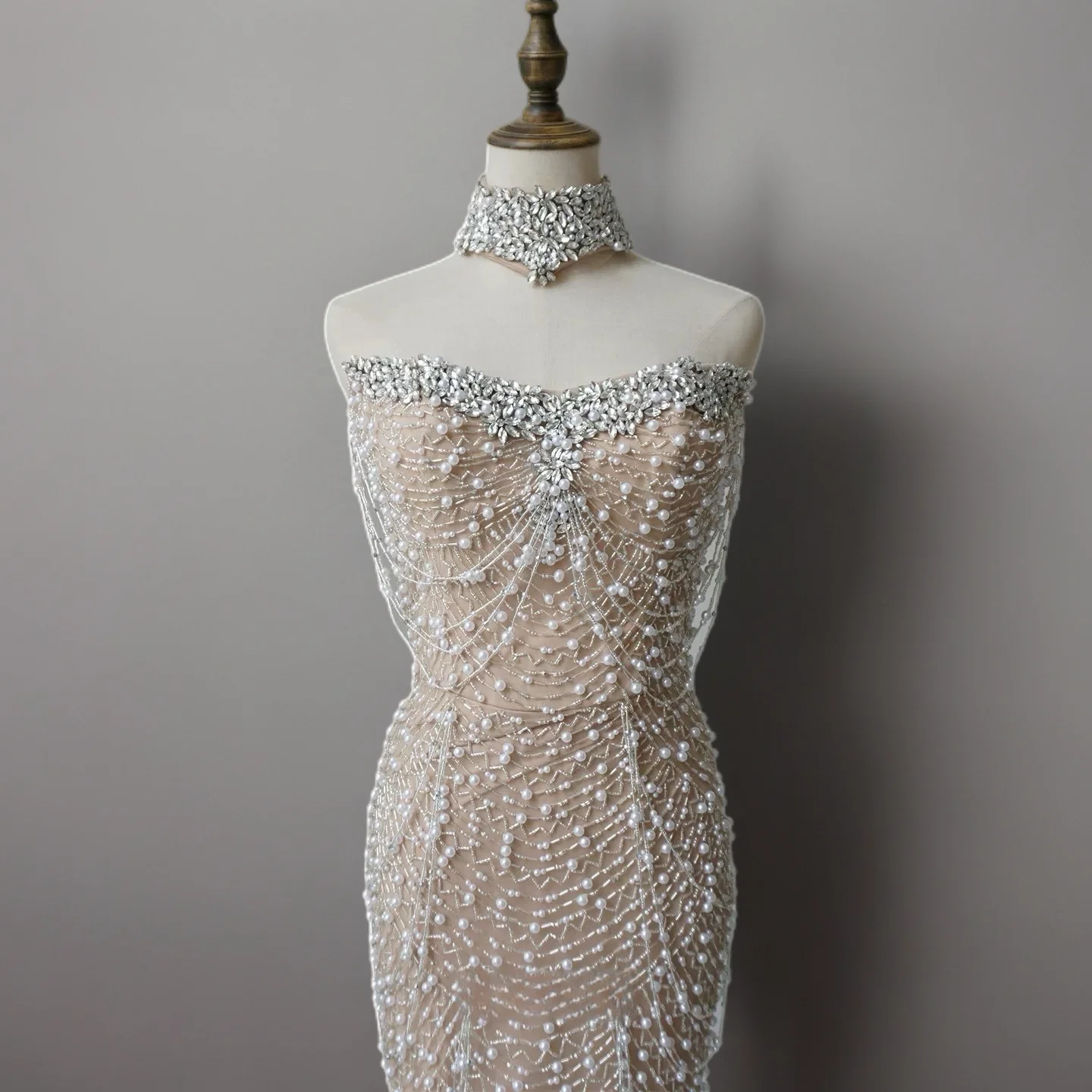 Nude Strapless Glitter Dress -  Beaded Evening Dress with White Satin Wrap – Embellished Gown Plus Size - Image 4