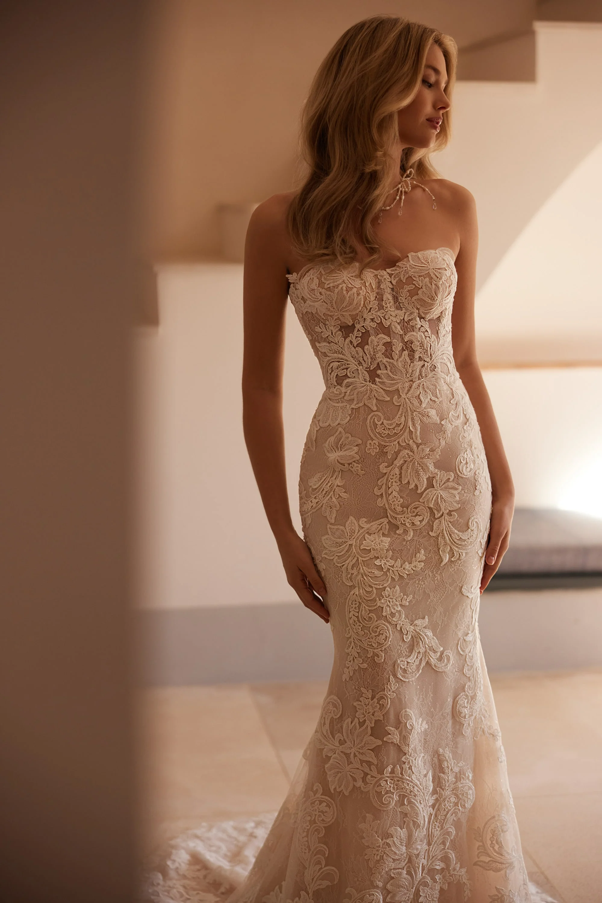 Nude Strapless Wedding Dress with Lace Bodice - Sexy Lace Wedding Dress Nude Lining Plus Size - Image 3