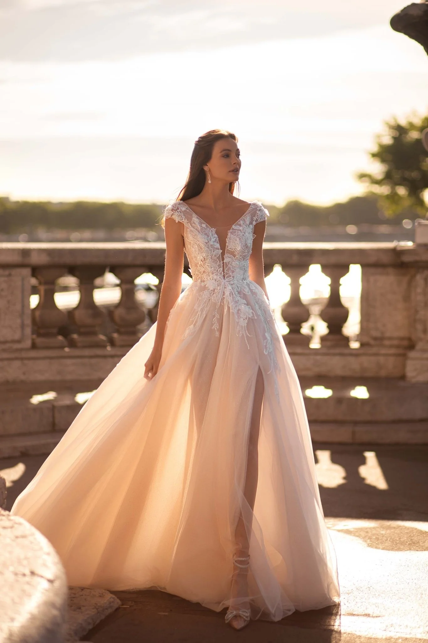 Nude Wedding Dress with Long Sheer Sleeves, 3D Floral Appliqués, and Voluminous Glitter Tulle Skirt Plus Size - Image 4