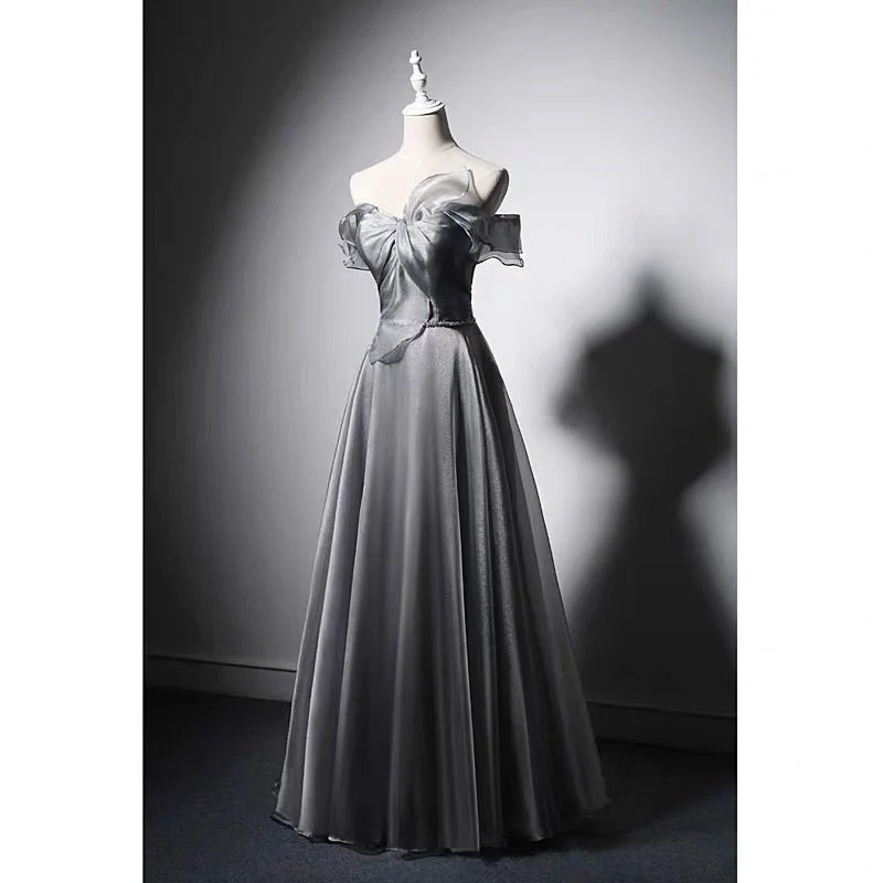 Off Shoulder Bow Tie Grey Corset Evening Gown With Gauze Plus Size
