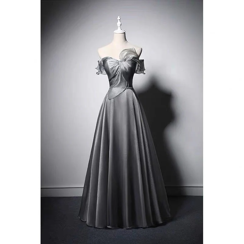 Off Shoulder Bow Tie Grey Corset Evening Gown With Gauze Plus Size - Image 2