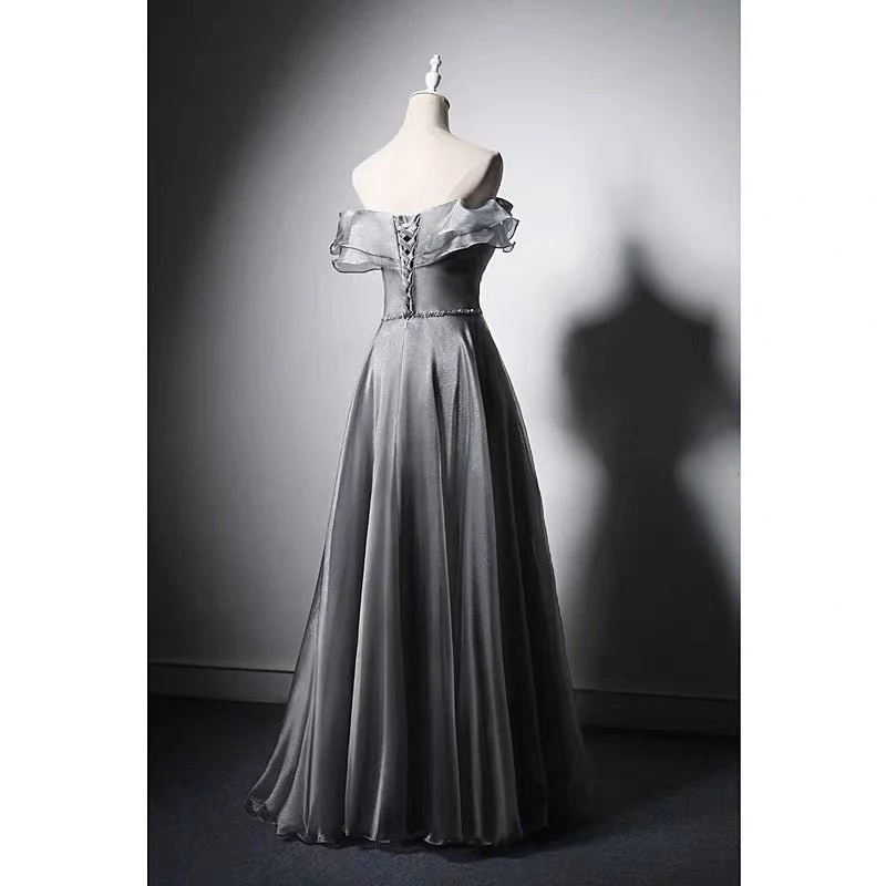 Off Shoulder Bow Tie Grey Corset Evening Gown With Gauze Plus Size - Image 3