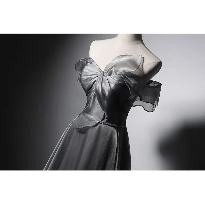 Off Shoulder Bow Tie Grey Corset Evening Gown With Gauze Plus Size - Image 4