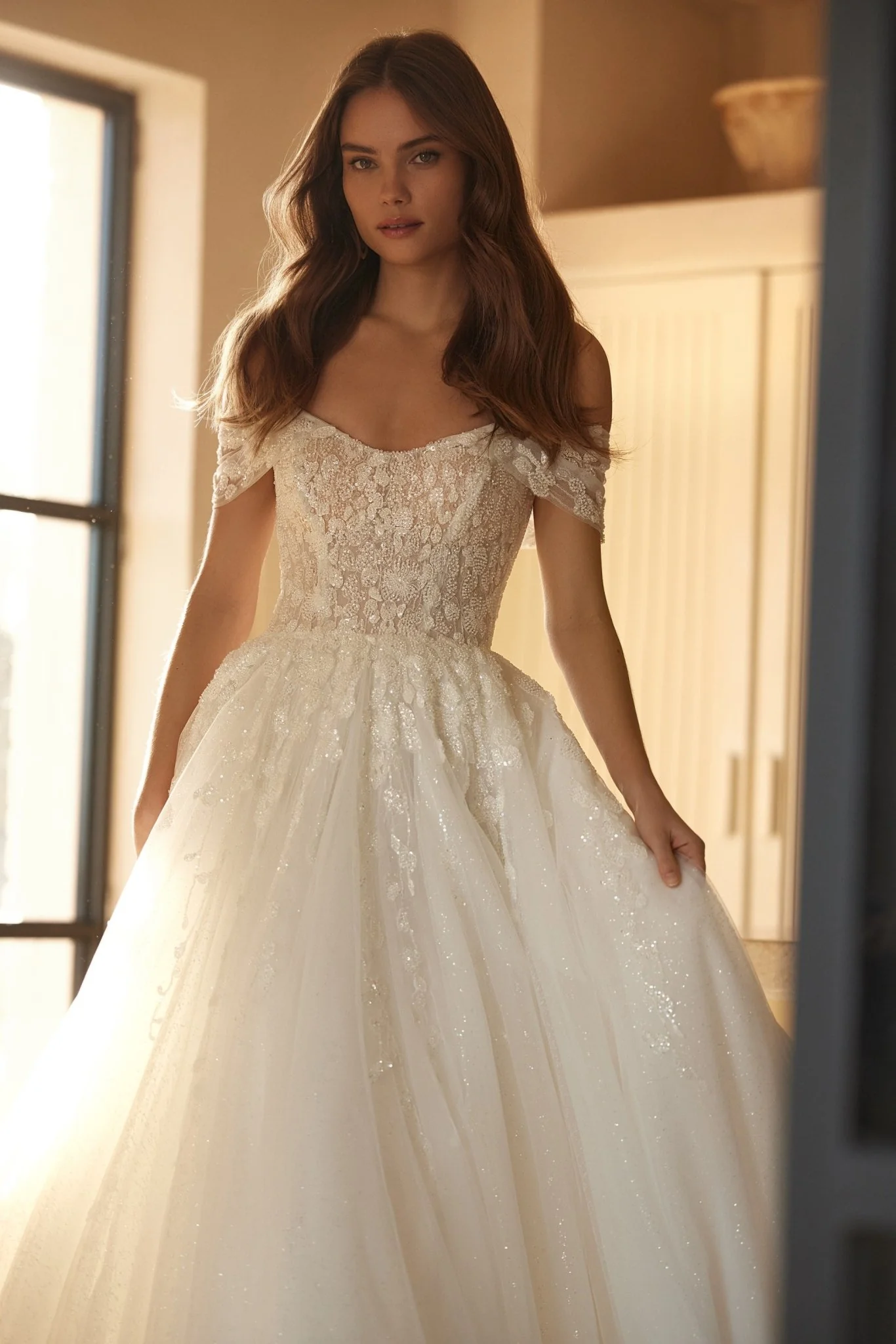 Off-Shoulder Embroidered Corset Wedding Dress with Floral Beaded Train Plus Size - Image 3