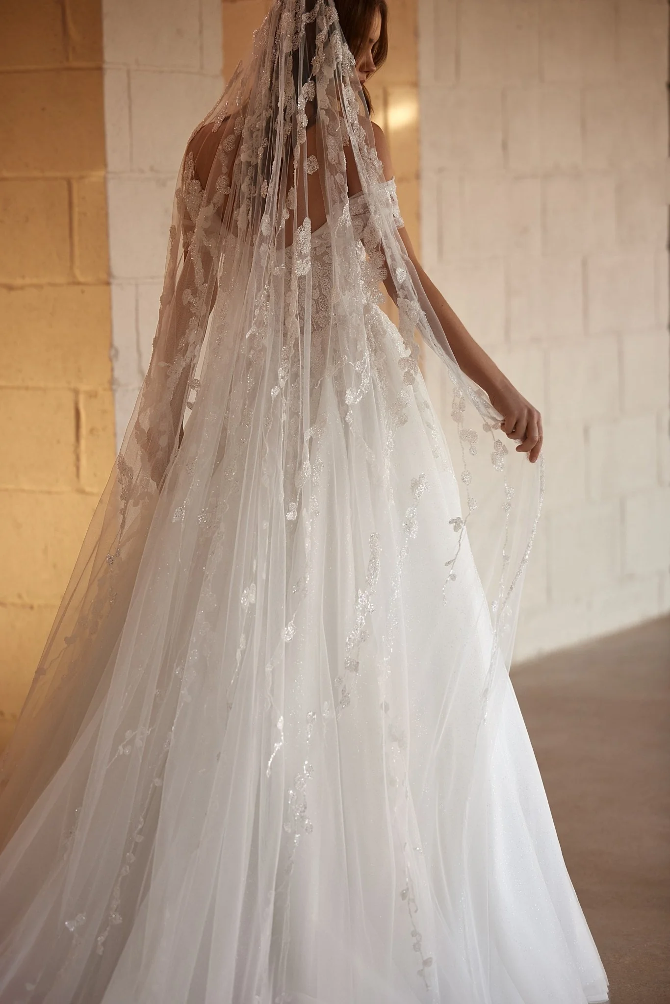 Off-Shoulder Embroidered Corset Wedding Dress with Floral Beaded Train Plus Size - Image 4
