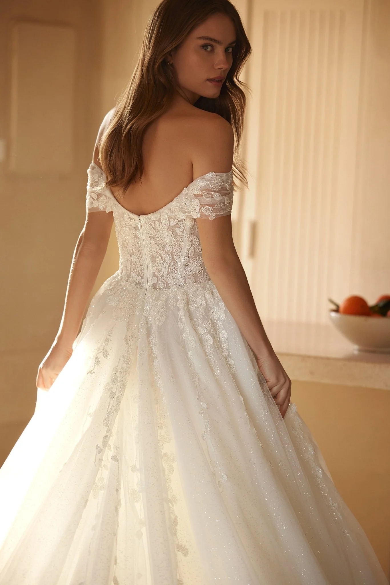 Off-Shoulder Embroidered Corset Wedding Dress with Floral Beaded Train Plus Size - Image 5