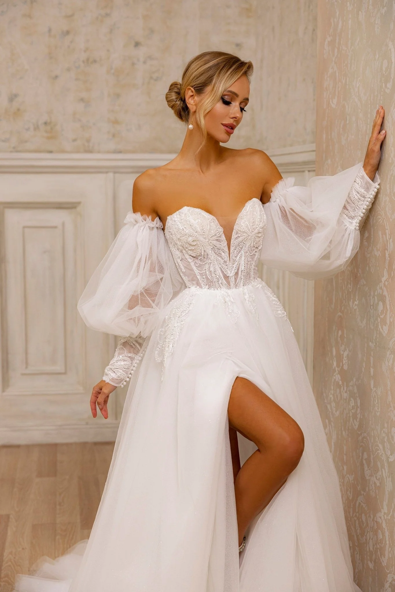 Off-Shoulder Lace Corset Wedding Dress | Low Back Gown with Thigh-High Slit Plus Size - Image 2