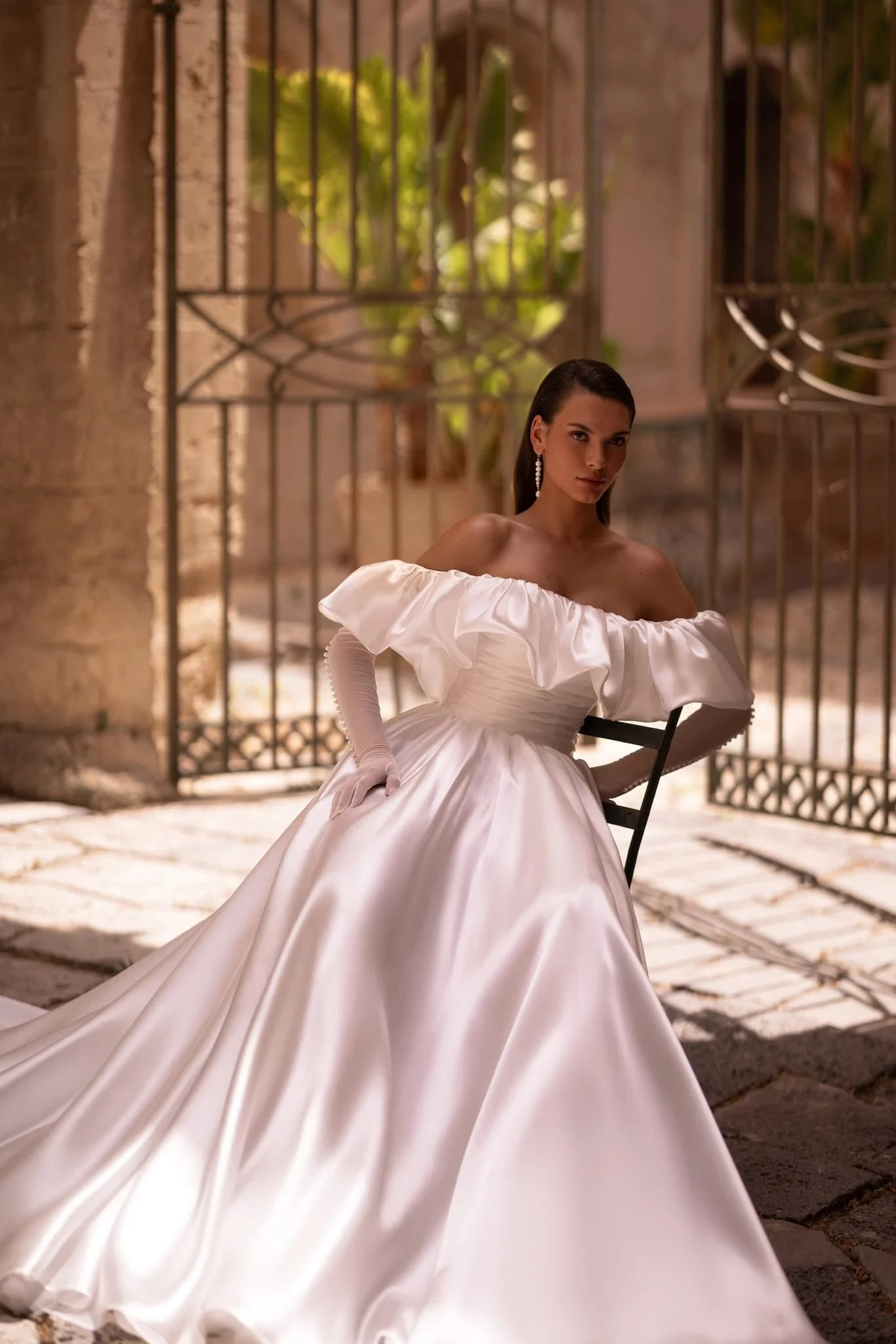 Off-Shoulder Satin Wedding Gown with Corset and Train, Plus Size White Bridal Dress - Image 2