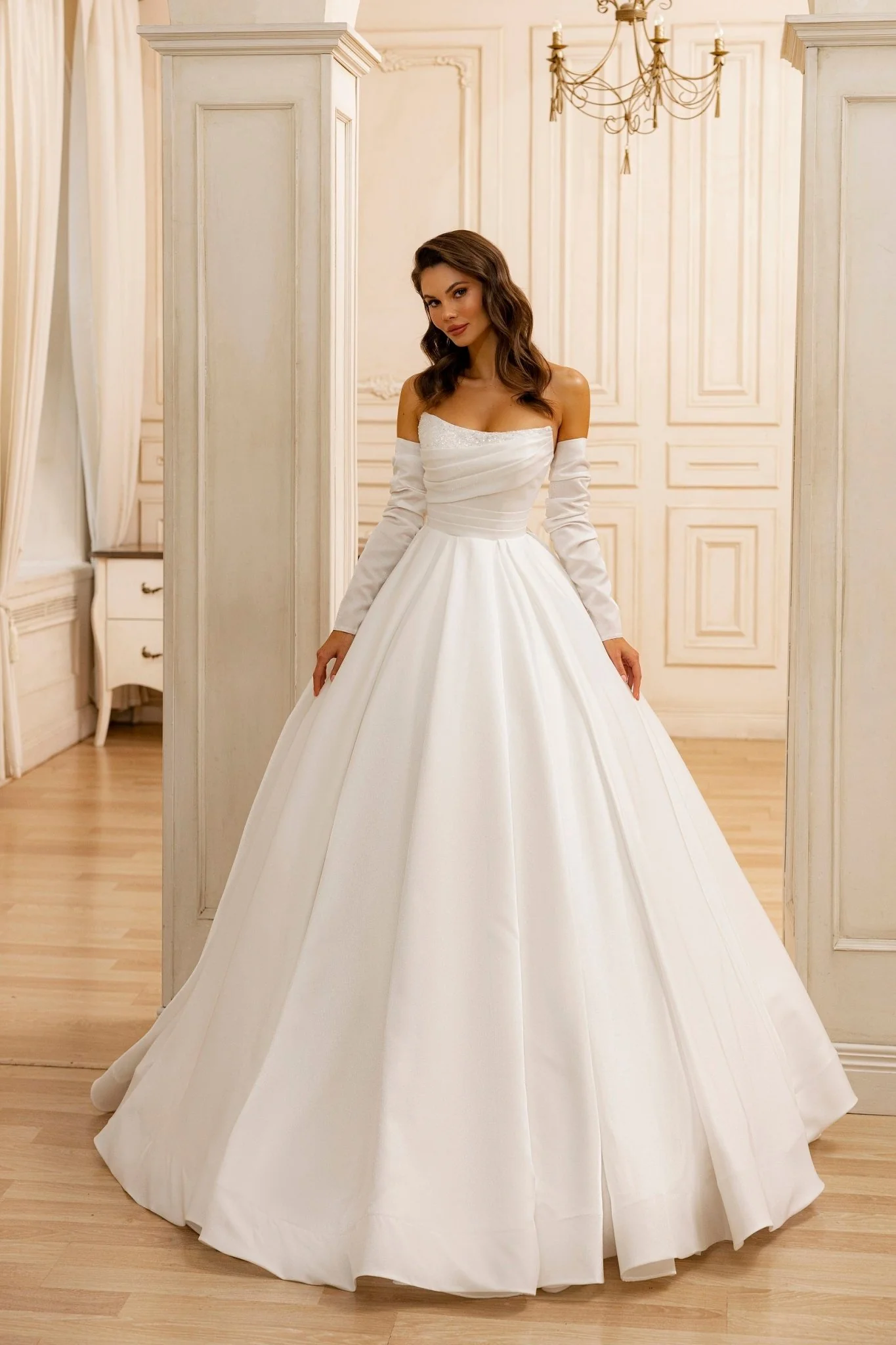 Off shoulder Timeless Satin Sweetheart A-Line Wedding Gown | Elegant Strapless Bridal Dress with Detachable Sleeves Plus Size